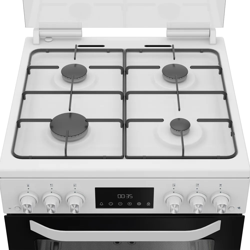 Hotpoint HTG6GDCW 60cm Freestanding Gas Twin Cavity Cooker with Glass Lid In White