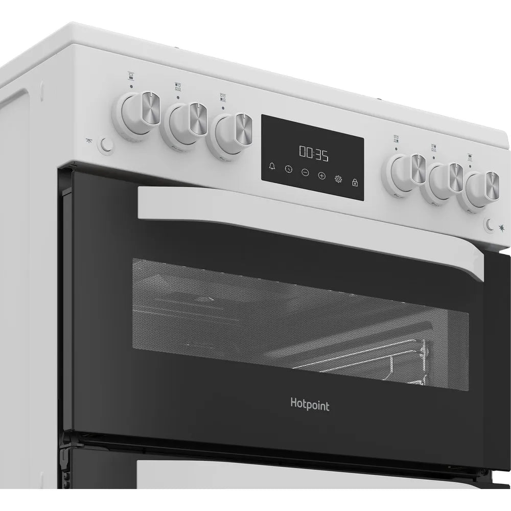 Hotpoint HTG6GDCW 60cm Freestanding Gas Twin Cavity Cooker with Glass Lid In White