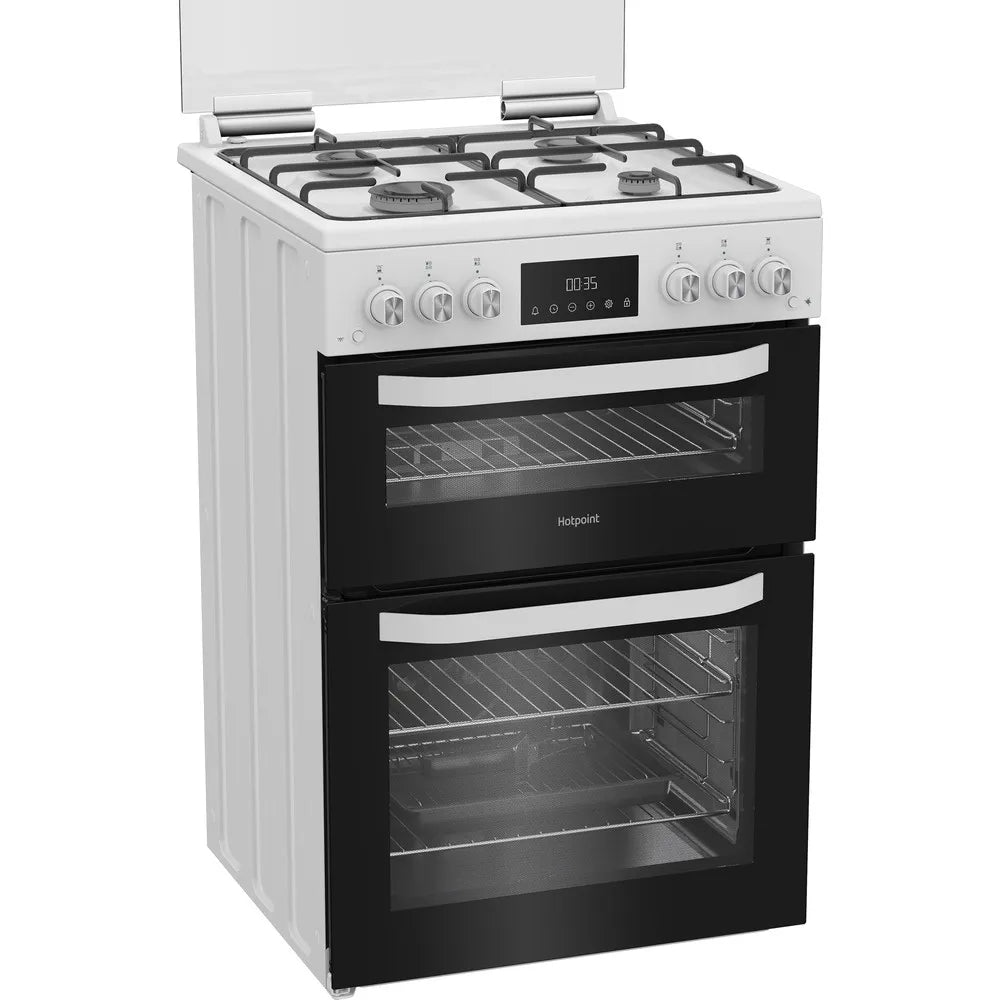 Hotpoint HDG6GDCW 60cm Freestanding Gas Double Oven Cooker with Glass Lid In White
