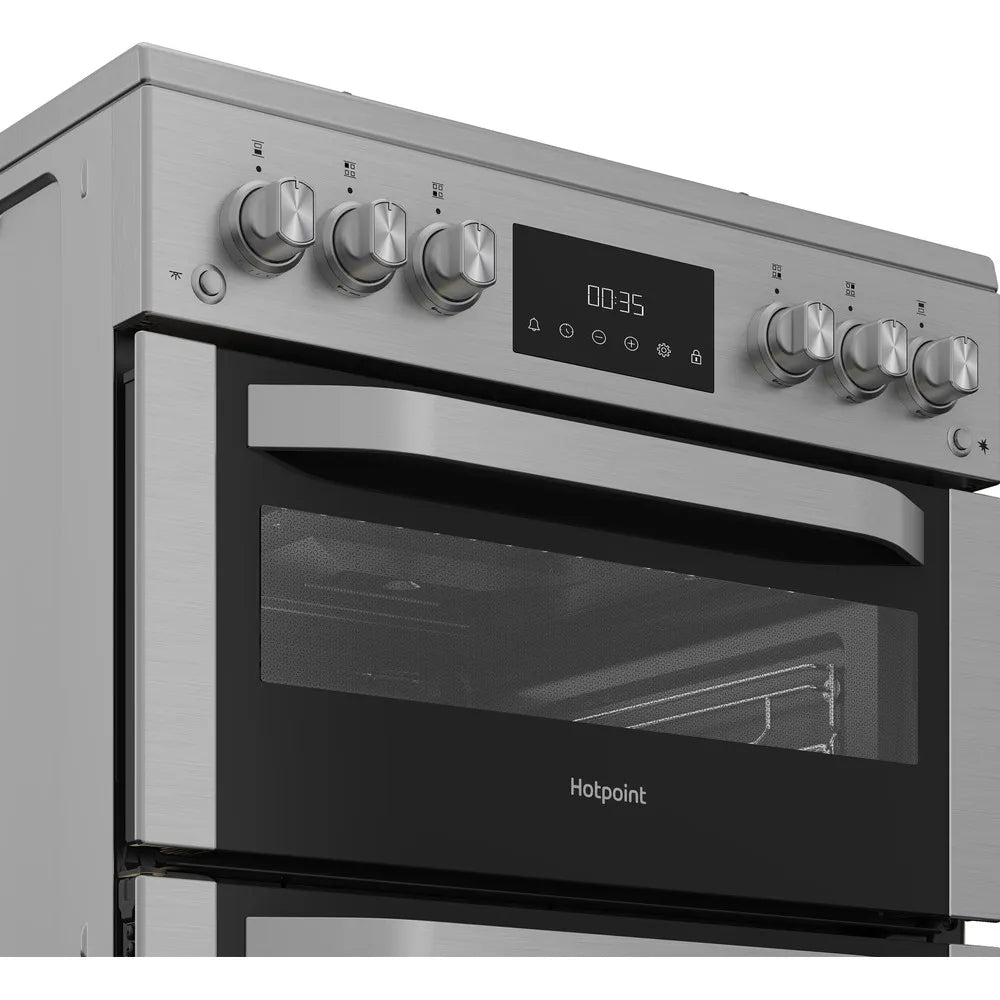 Hotpoint HDG6GDCX 60cm Freestanding Gas Double Oven Cooker with Glass Lid In Stainless Steel
