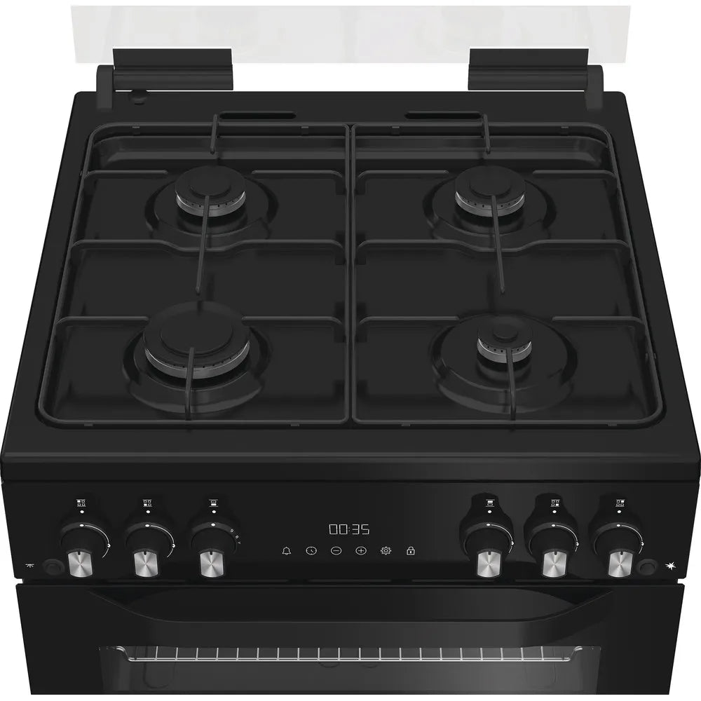 Hotpoint HTG6GDCB1 60cm Freestanding Gas Twin Cavity Cooker with Glass Lid In Black