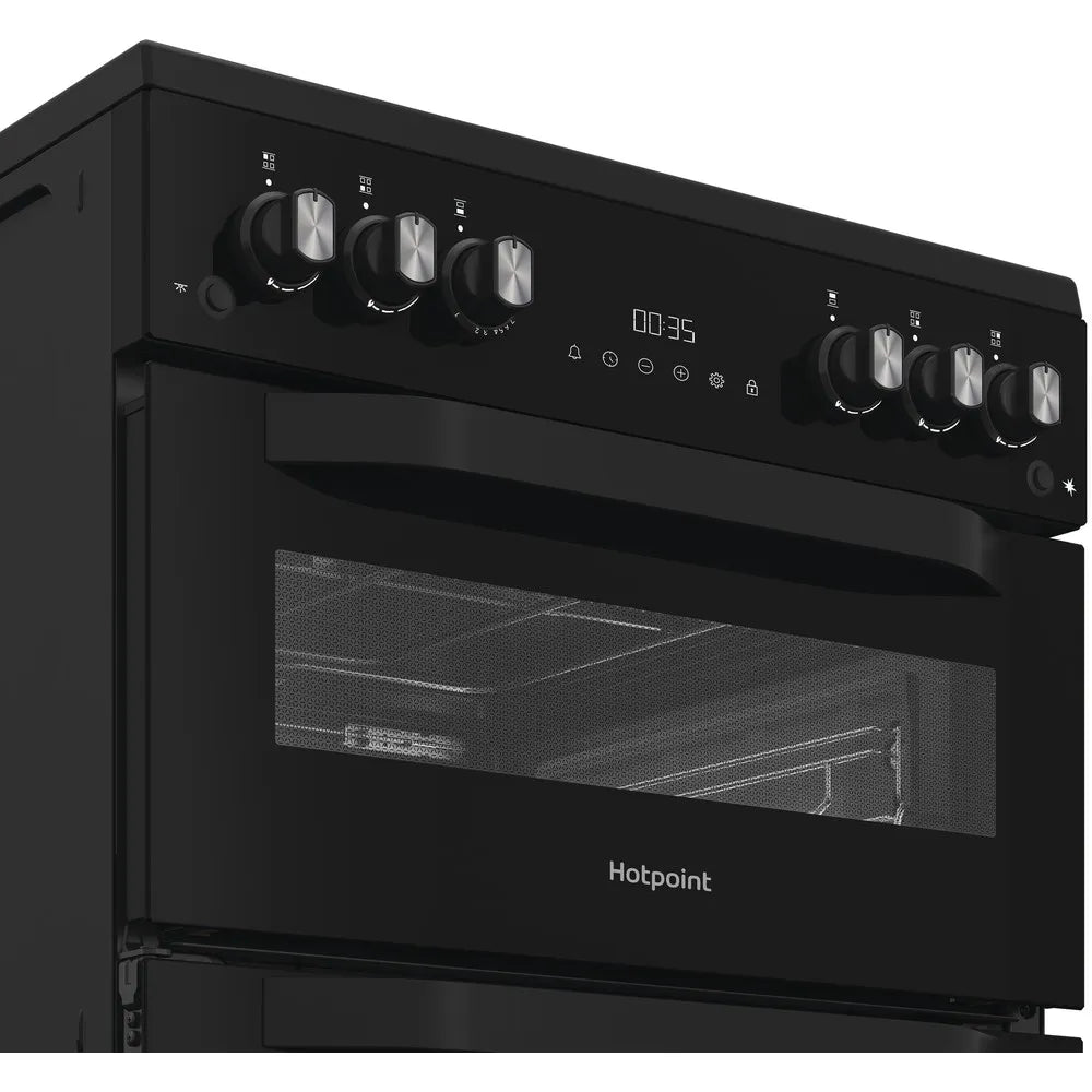 Hotpoint HTG6GDCB1 60cm Freestanding Gas Twin Cavity Cooker with Glass Lid In Black