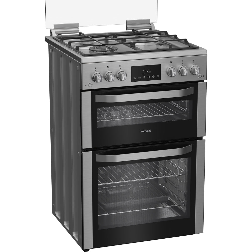 Hotpoint HDG6GDCWX 60cm Freestanding Gas Double Oven Cooker with Glass Lid