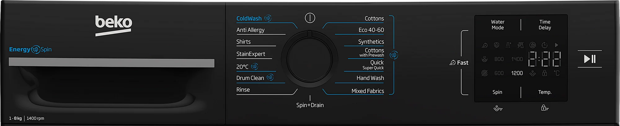 Beko BMN3WT3841B 8kg 1400 Spin EnergySpin Washing Machine - Black
