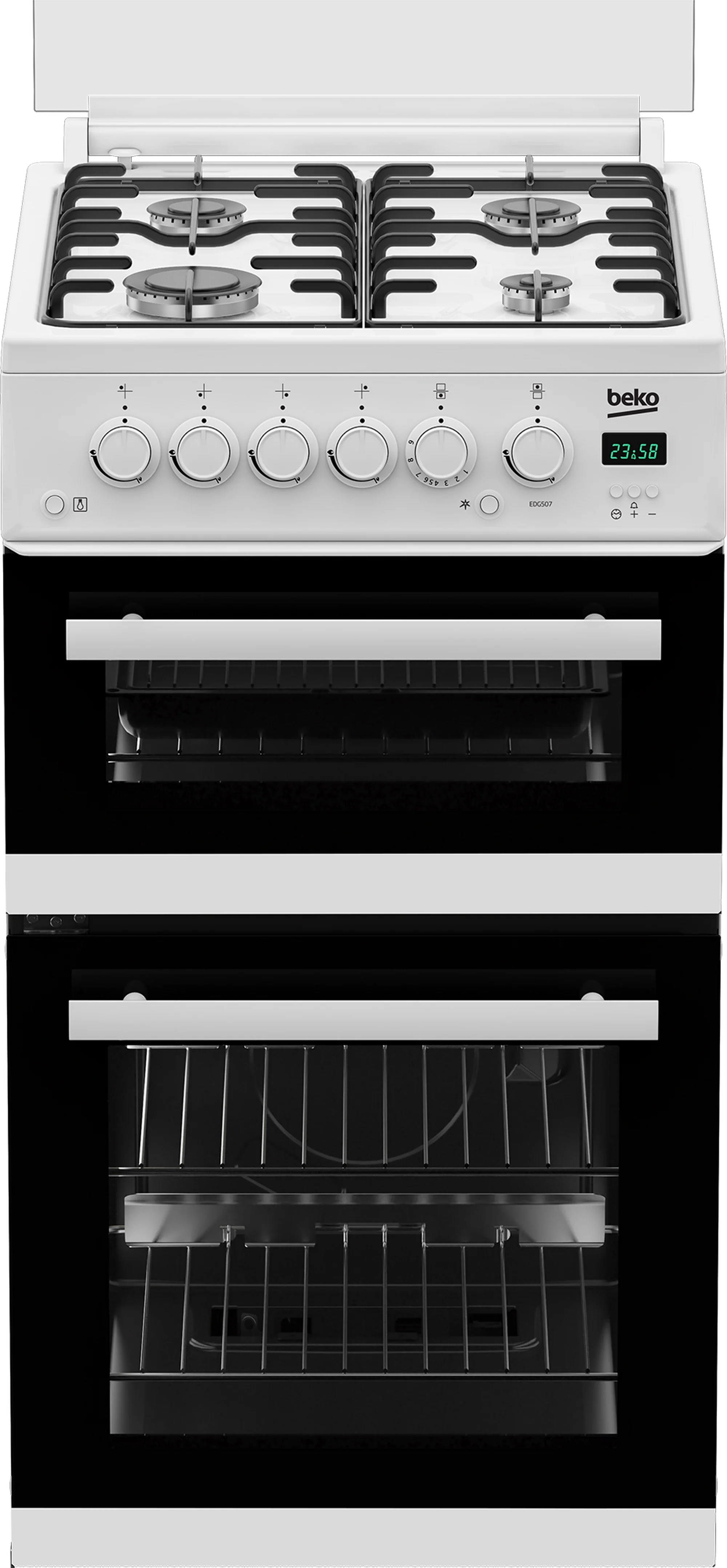 Beko EDG507W 50cm Twin Cavity Gas Cooker with Gas Hob & Glass Lid - White