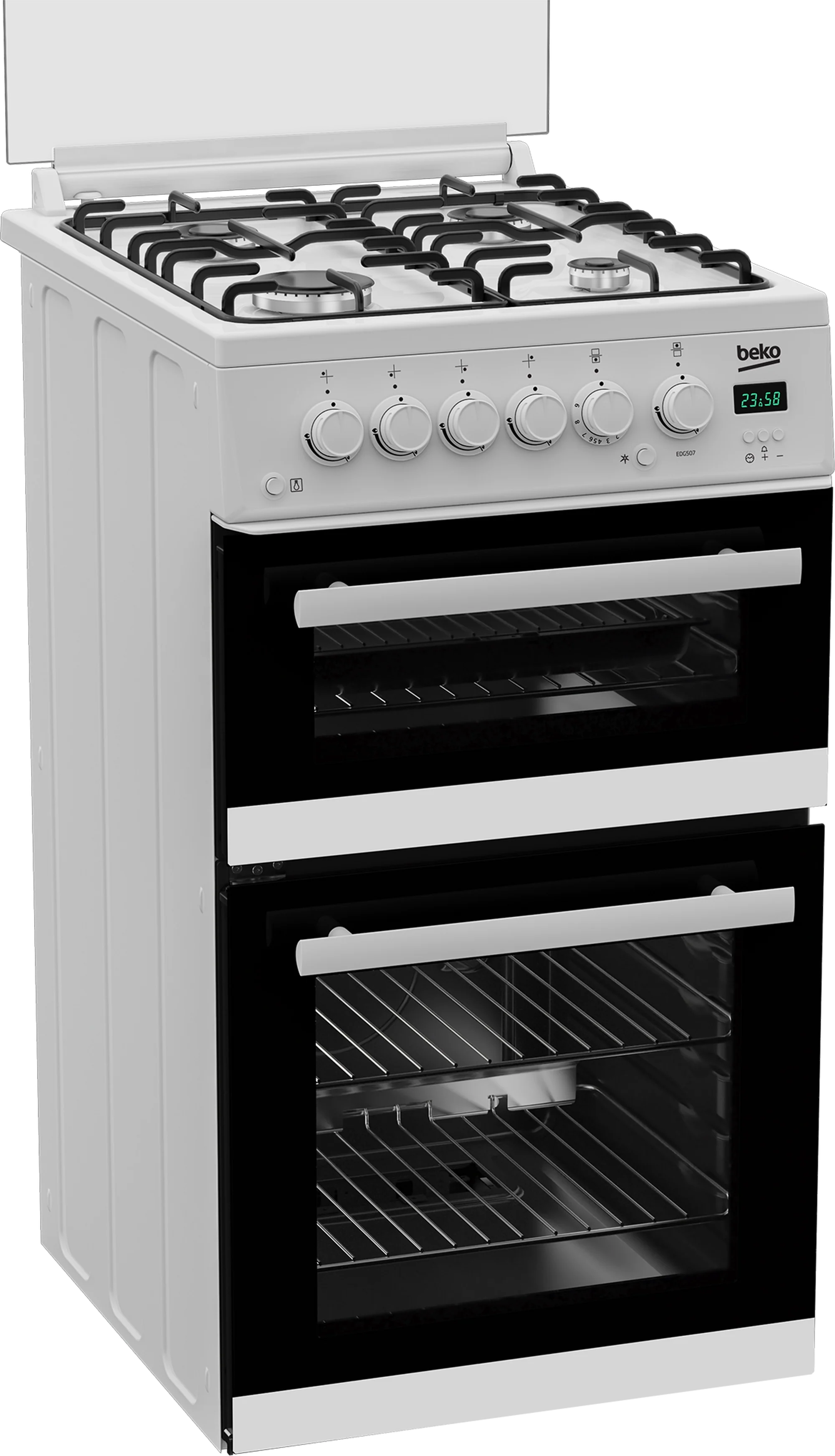 Beko EDG507W 50cm Twin Cavity Gas Cooker with Gas Hob & Glass Lid - White