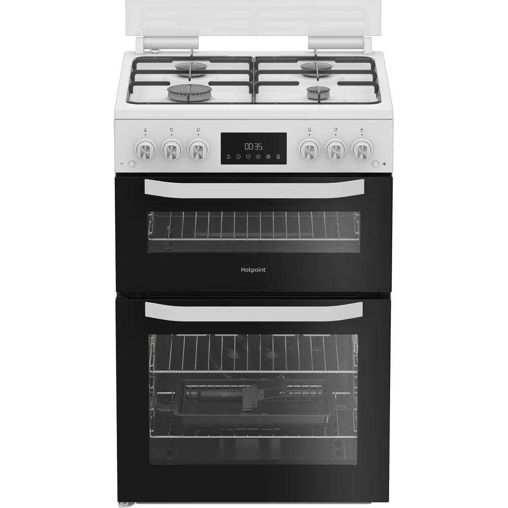 Hotpoint HTG6GDCW 60cm Freestanding Gas Twin Cavity Cooker with Glass Lid In White
