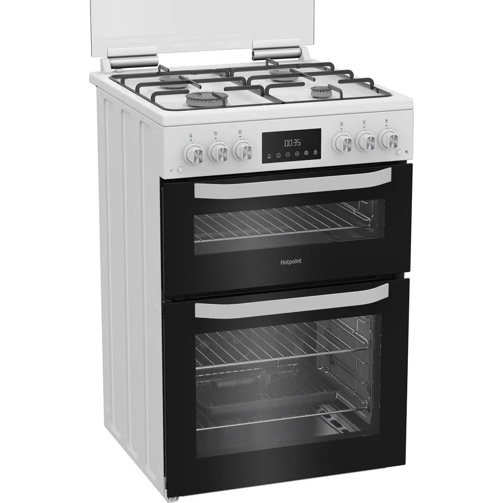 Hotpoint HTG6GDCW 60cm Freestanding Gas Twin Cavity Cooker with Glass Lid In White