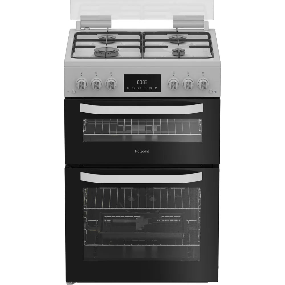 Hotpoint HDG6GDCW 60cm Freestanding Gas Double Oven Cooker with Glass Lid In White