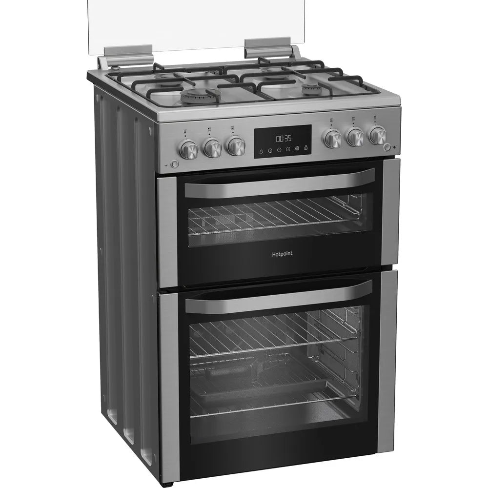 Hotpoint HDG6GDCX 60cm Freestanding Gas Double Oven Cooker with Glass Lid In Stainless Steel