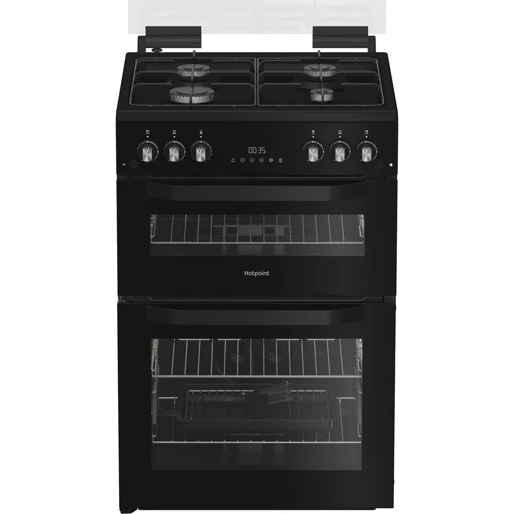 Hotpoint HTG6GDCB1 60cm Freestanding Gas Twin Cavity Cooker with Glass Lid In Black