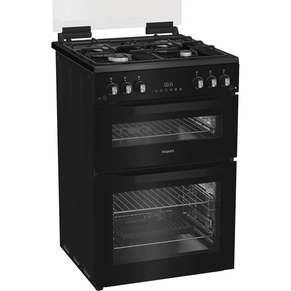 Hotpoint HTG6GDCB1 60cm Freestanding Gas Twin Cavity Cooker with Glass Lid In Black