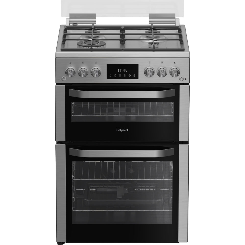 Hotpoint HDG6GDCWX 60cm Freestanding Gas Double Oven Cooker with Glass Lid