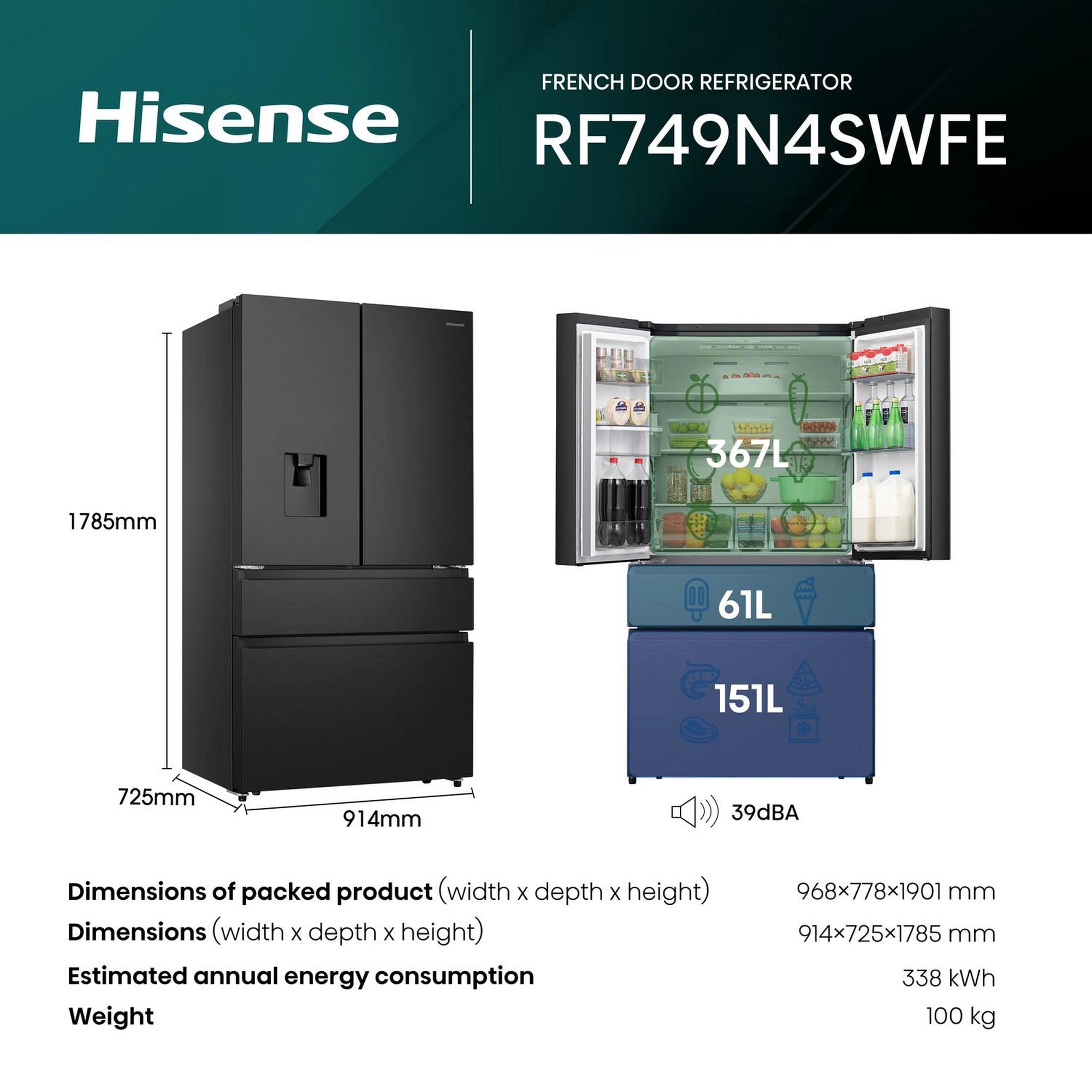 Hisense RF749N4SWFE 91.4cm 50/50 Frost Free Fridge Freezer - Black Inox