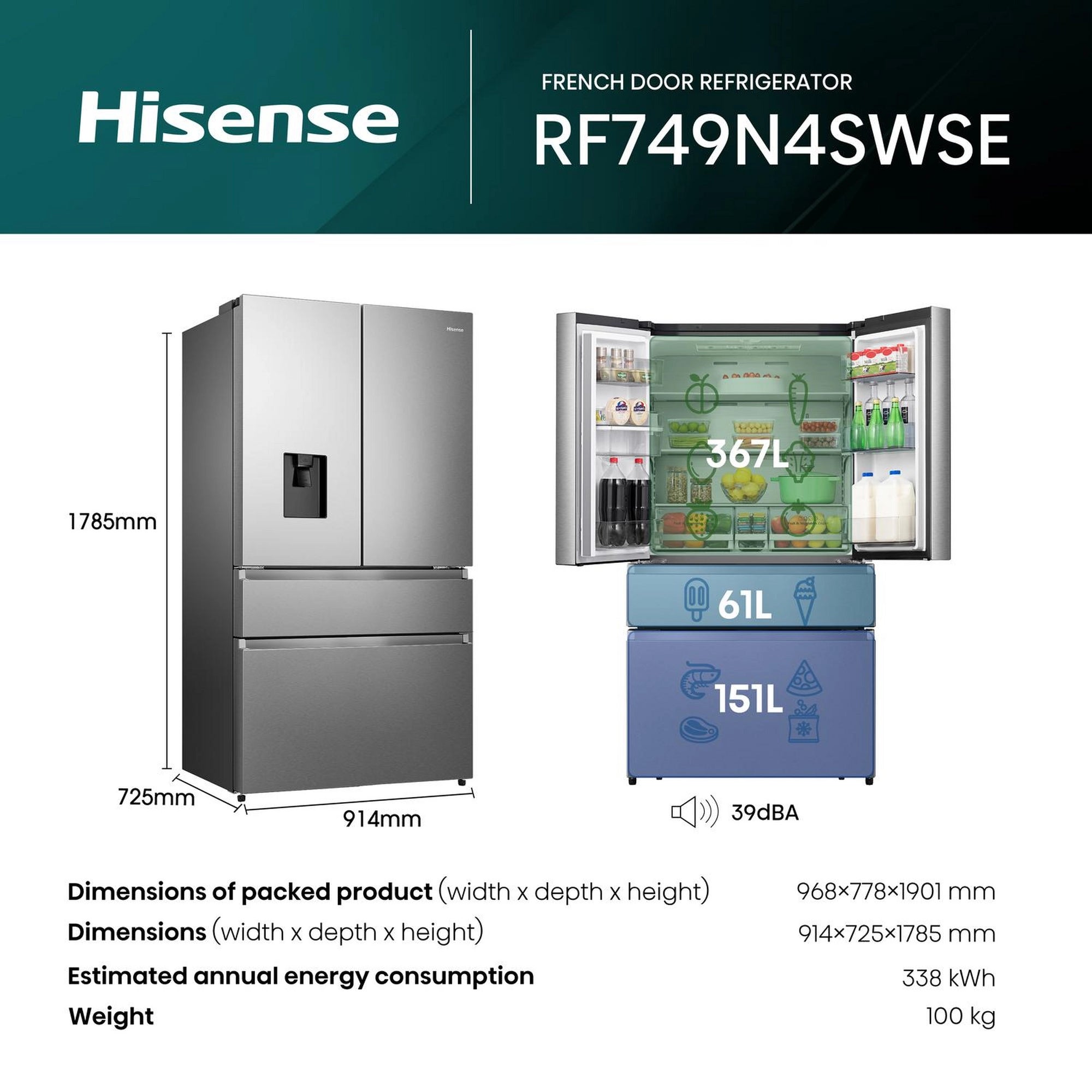 Hisense RF749N4SWSE 91.4cm 50/50 Frost Free American Fridge Freezer - Stainless Steel