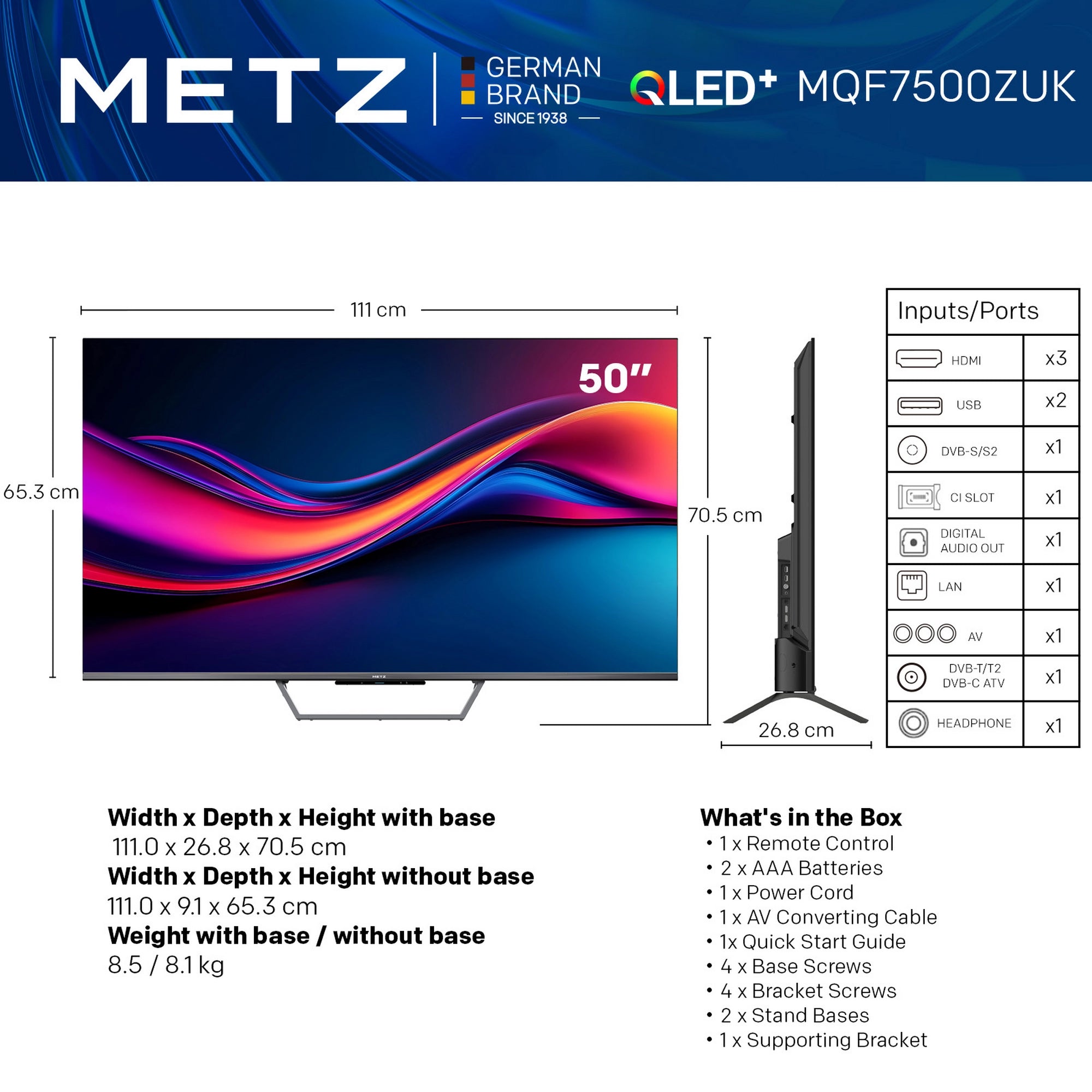 Metz 50MQF7500ZUK 50" 4K QLED Smart TVs - Black